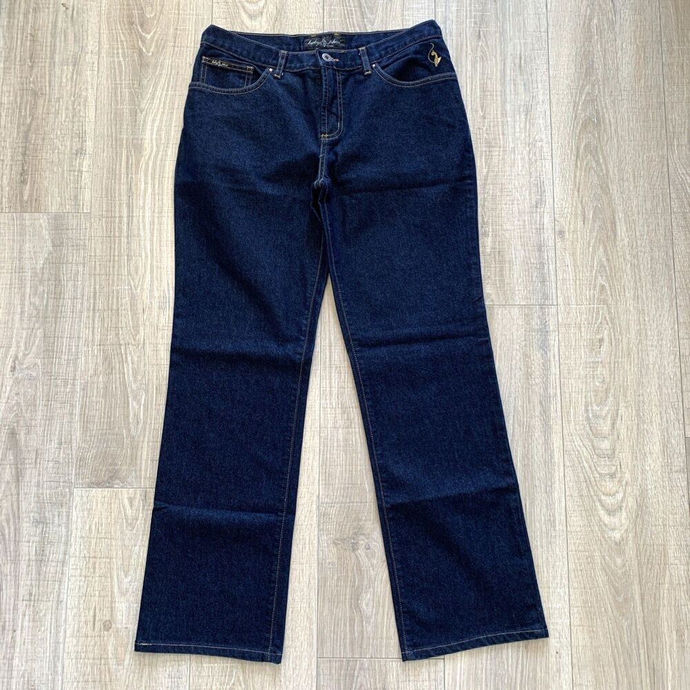 Baby Phat Y2K Jeans Dark Blue Denim Straight Leg Gold Logo Womens Size 11